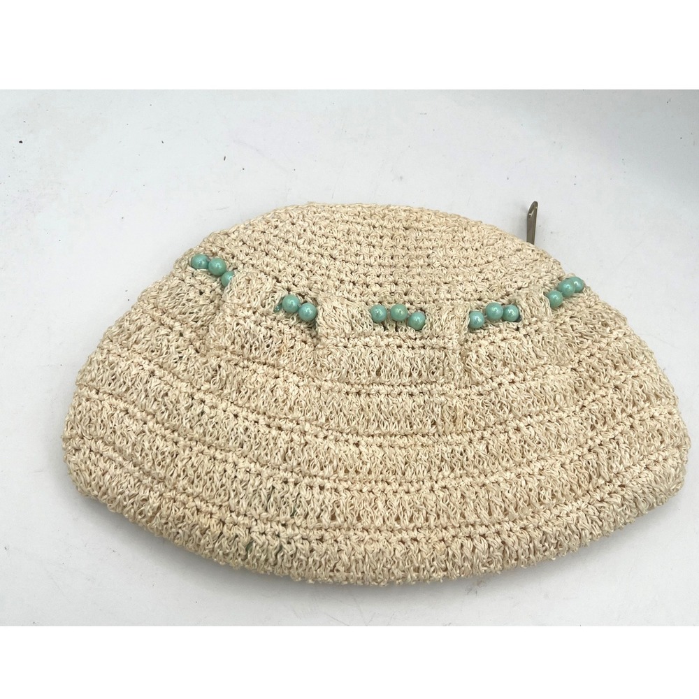 Vintage Marcus Brothers of Miami Straw Clutch Bag Cream Beaded Turquoise Japan
